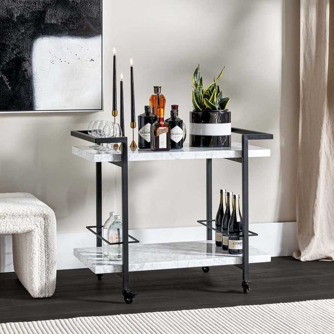 Franklin White Marble Bar Cart - Black - - Eleganté