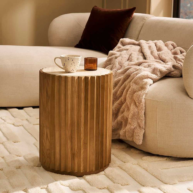 Carter Travertine Side Table - Walnut - - Eleganté