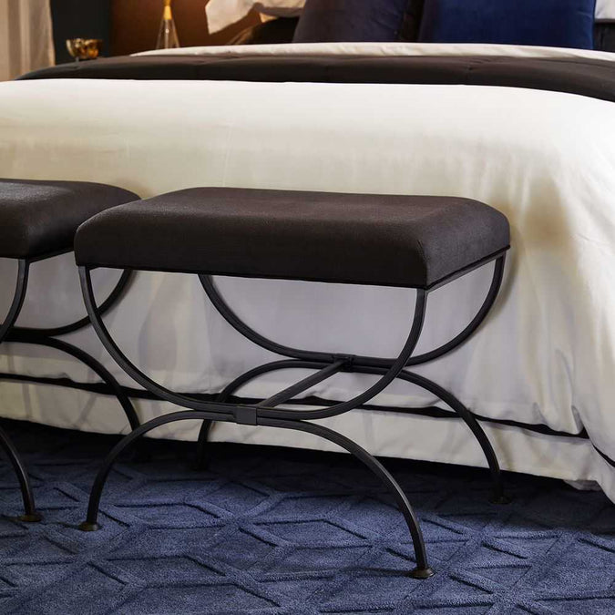Novak Black Iron Stool - Black Linen - - Eleganté