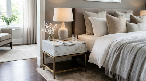 Marble bedside tables for a hotel-style master bedroom