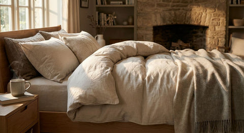 50/50 goose down quilts for a warm, layered bedroom
