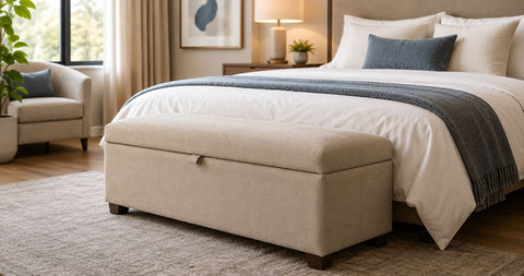 Beige storage ottomans for a hotel-style bedroom bench