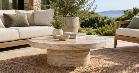 Can travertine coffee tables be used outdoors?