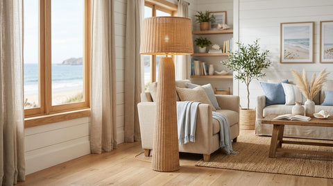 Rattan floor lamps for a coastal-style living room
