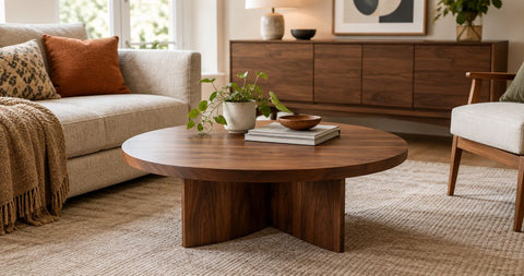 Round walnut coffee tables for a warm living room