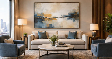 Canvas paintings for a hotel-style living room feature wall