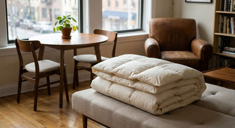 50/50 goose down quilts for small dining-adjacent studio living