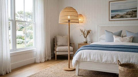 Rattan floor lamps for a Hamptons-style bedroom