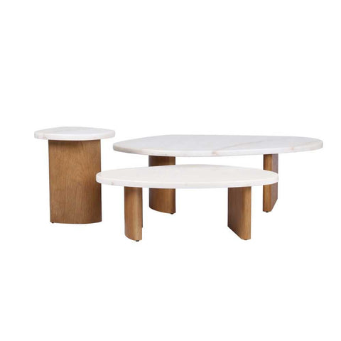 Solstice Ivory Cloud Marble Tables Set of 3 - Oak