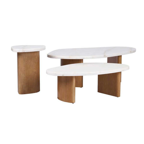 Solstice Ivory Cloud Marble Tables Set of 3 - Oak