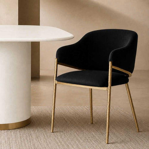Heston Brass Dining Chair with Arms - Black Linen