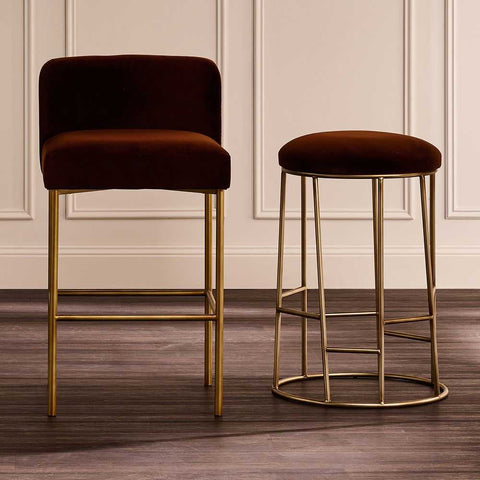 Aiden Gold Steel Kitchen Stool - Dark Chocolate Velvet