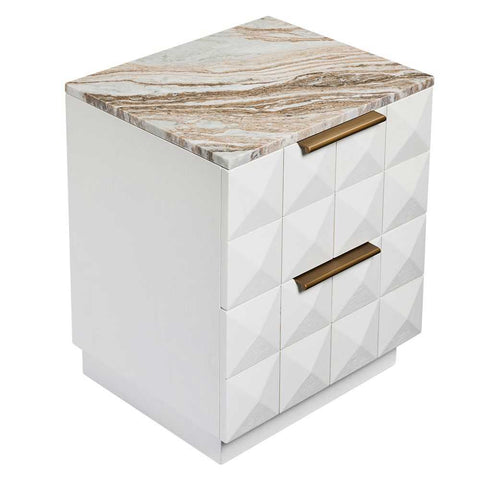Benedict White Oak Bedside Table - River Brown Marble