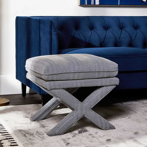 Candace Stool - Chevron Blue Linen - Ottomans and Stools - Eleganté
