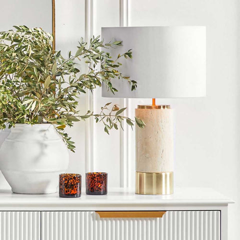 Paola Travertine Table Lamp - White Shade - Paola Travertine Table Lamp - White Shade - Eleganté