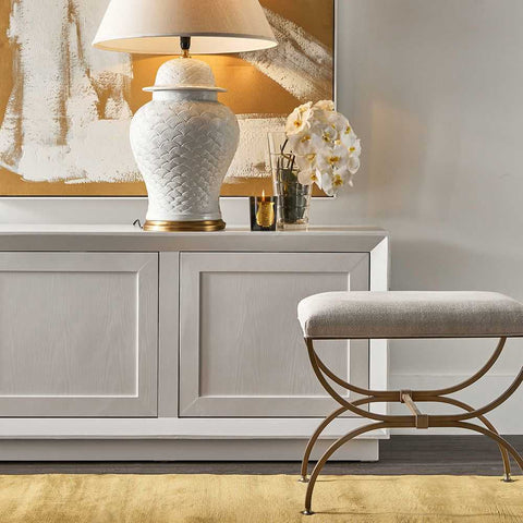 Novak Antique Gold Iron Stool - Natural Linen - Ottomans and Stools - Eleganté