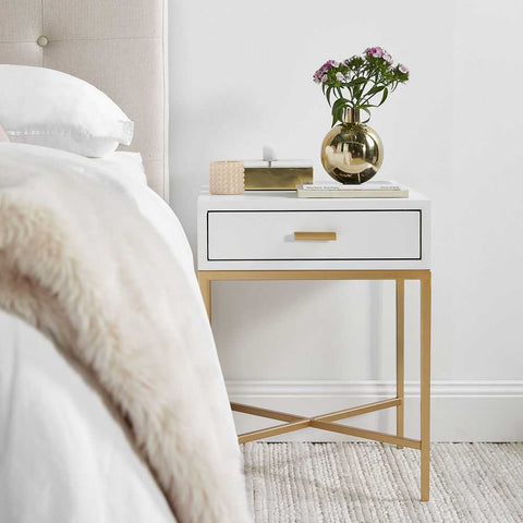 Nessa 45x60cm 1 Drawer Bedside Table -White/Gold - Bedside Tables - Eleganté