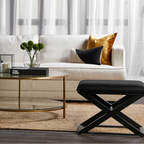 Spencer Black Timber Stool - Black Linen - Ottomans and Stools - Eleganté