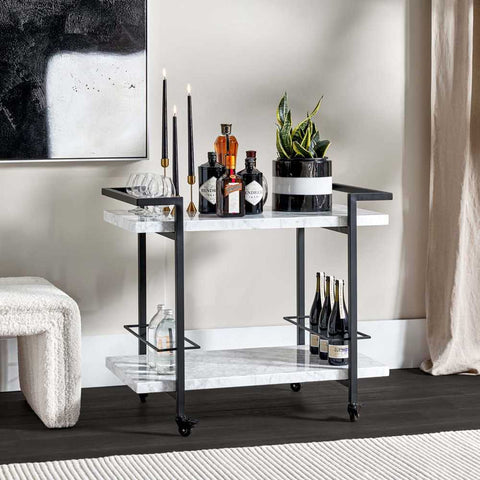Franklin White Marble Bar Cart - Black - Franklin White Marble Bar Cart - Black - Eleganté